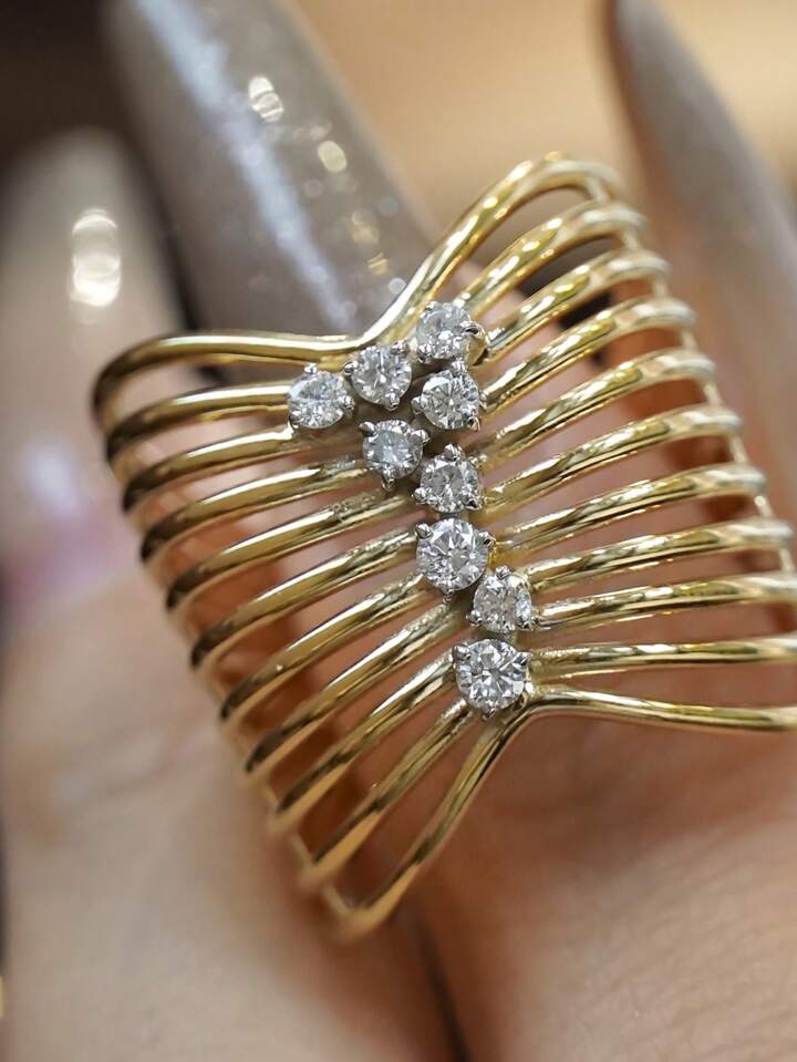 CM-AR947767 925 Sterling Silver Hollow Craft Wide Band Wave Line Minimalist Ring - Gold