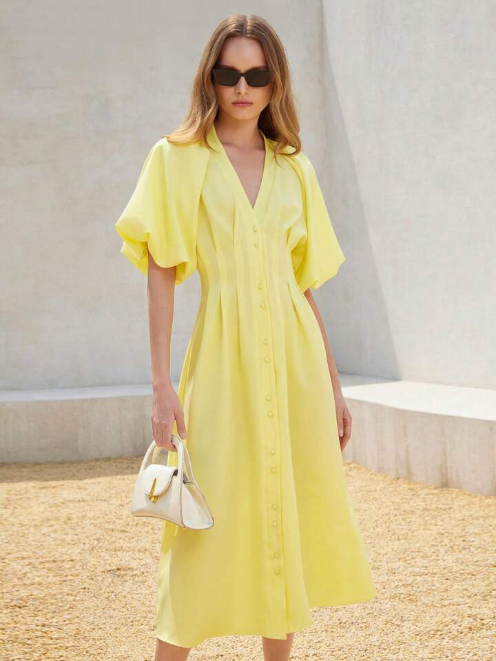 CM-DS512696 Women Elegant Seoul Style Solid Color Chiffon Cinched Waist Puff Sleeve Open Front Long Dress - Yellow