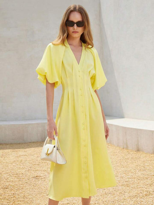 CM-DS512696 Women Elegant Seoul Style Solid Color Chiffon Cinched Waist Puff Sleeve Open Front Long Dress - Yellow