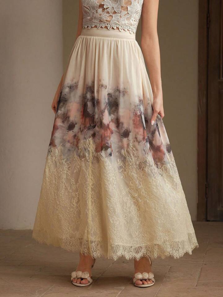 CM-BS999157 Women Elegant Seoul Style Mid Waist Contrast Lace Printed Flared Chiffon Maxi Skirt