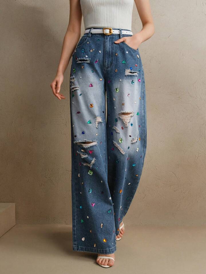 CM-BS244960 Women Elegant Seoul Style Dark Wash Distressed Colored Rhinestone Embellished Jeans