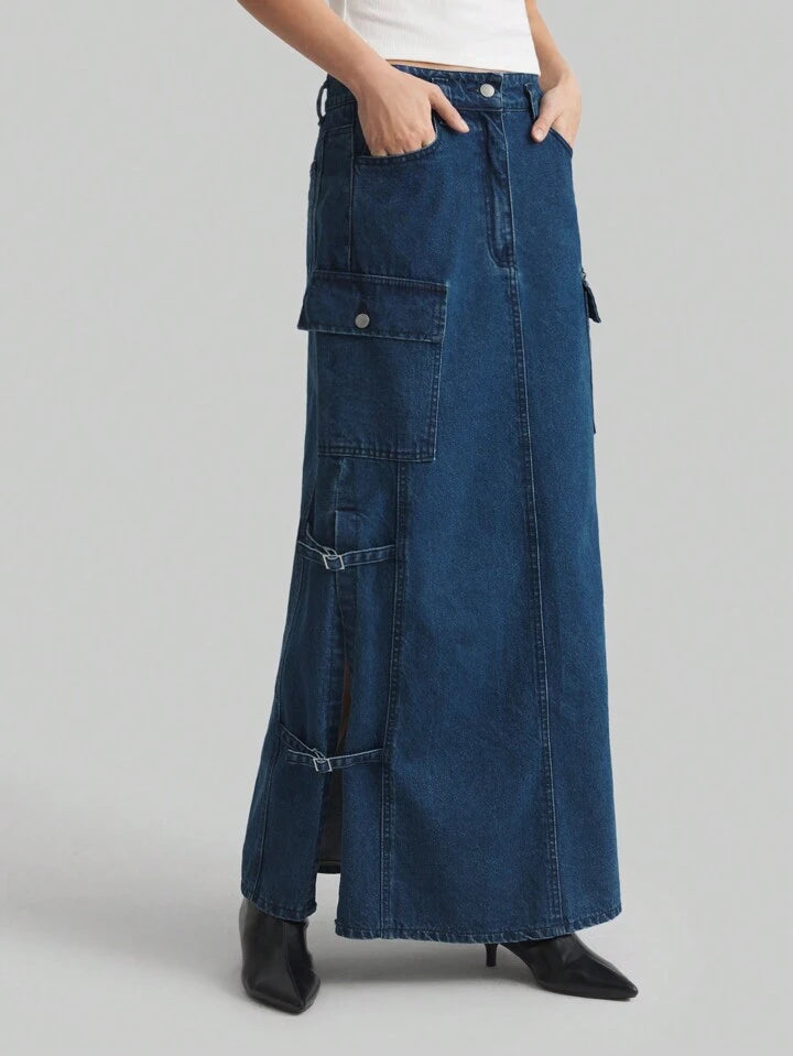 CM-BS254119 Women Casual Seoul Style Mid-Length A-Line Denim Skirt - Blue