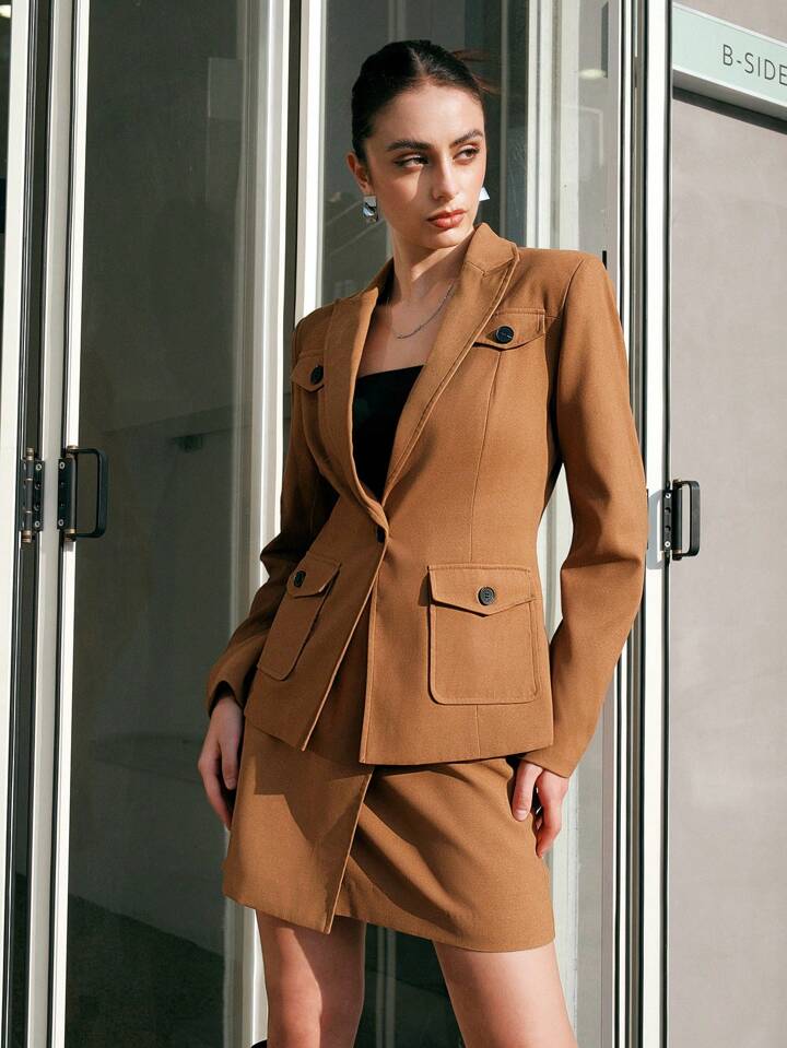 CM-SS550885 Women Elegant Seoul Style Flap Pocket Long Sleeve Blazer With Skirt Suit - Brown