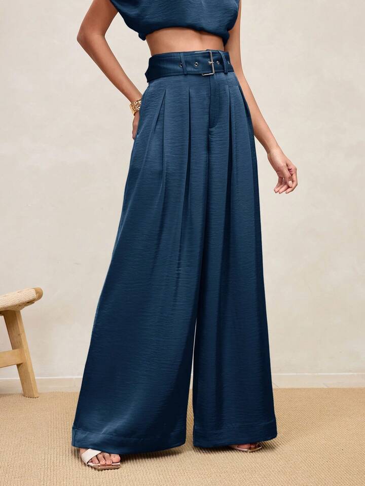 CM-BS064448 Women Casual Seoul Style High Waist Pleated Wide Leg Pants - Blue