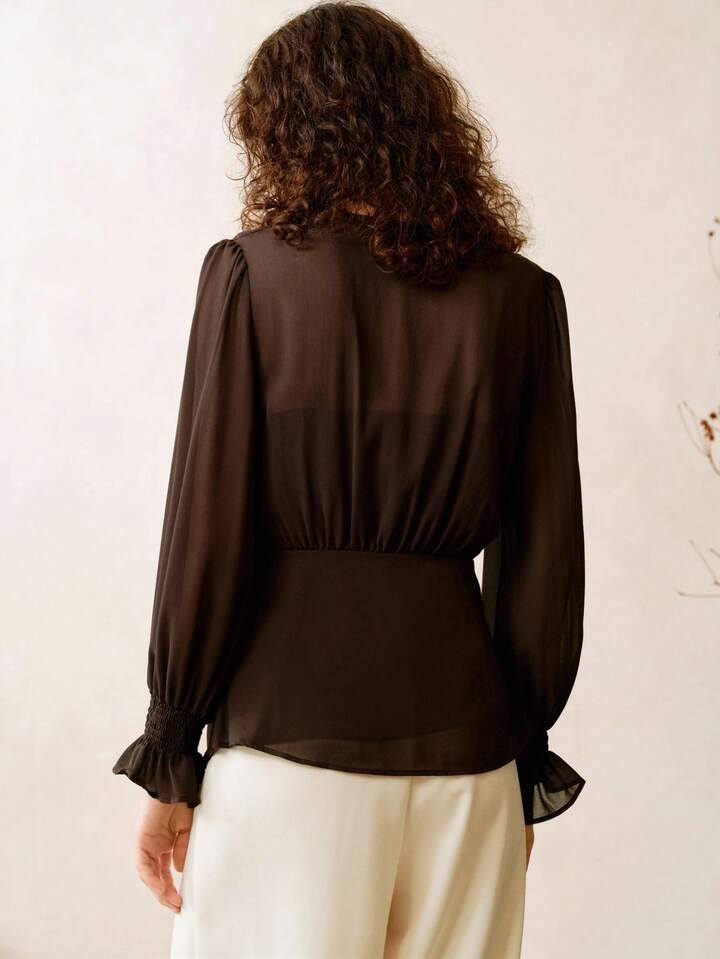 CM-TS909065 Women Elegant Seoul Style Chiffon V-Neck Ruffled Lace Long Sleeve Shirt - Coffee Brown