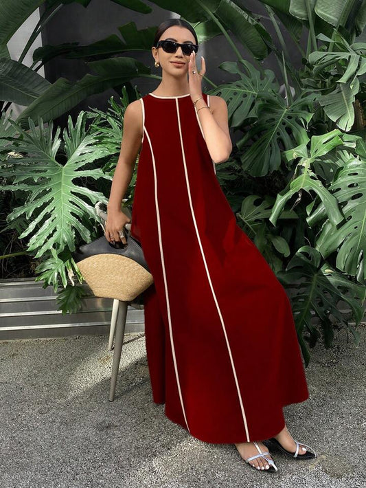 CM-DS320827 Women Casual Seoul Style Color-Conflicting Panels Sleeveless Loose Long Dress - Burgundy