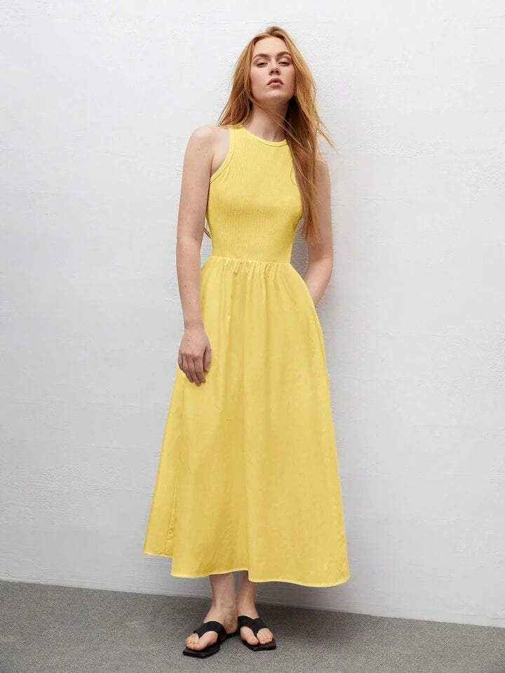 CM-DS644434 Women Trendy Bohemian Style Round Neck Sleeveless High Waist Slim Fit Dress - Yellow