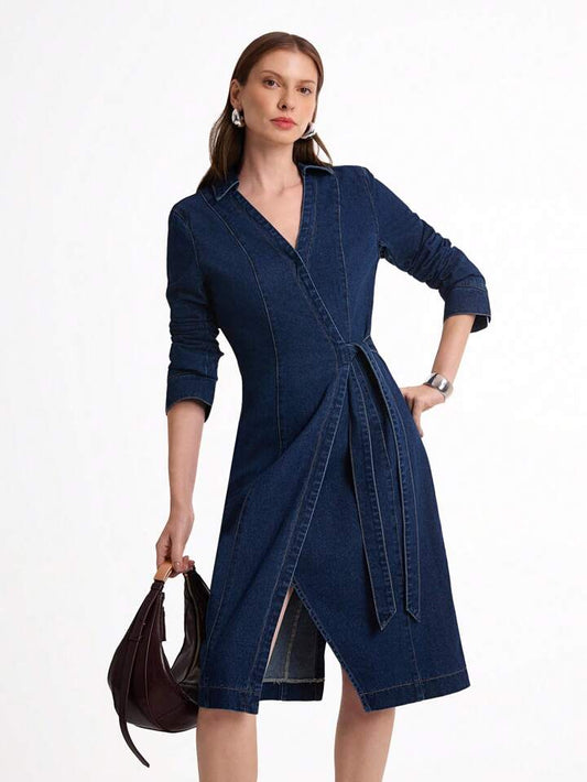 CM-DS041418 Women Elegant Seoul Style Dark Wash Colar Neckline Long Sleeve Asymmetrical Denim Dress
