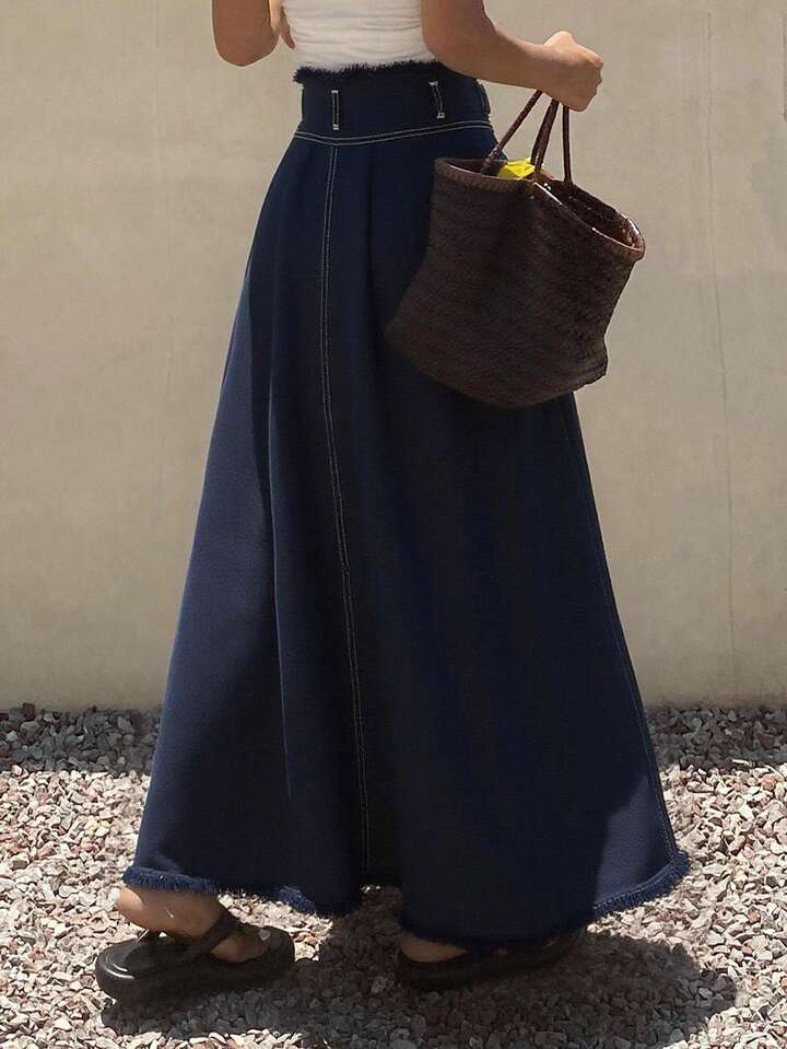 CM-BS395771 Women Casual Seoul Style Dark Wash Mid Waist Loose Distressed Raw Hem Denim Skirt