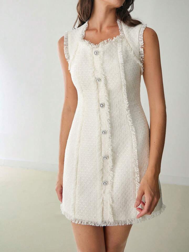 CM-DS866449 Women Elegant Seoul Style Sweetheart Neckline Sleeveless Sequin Tweed Dress - White