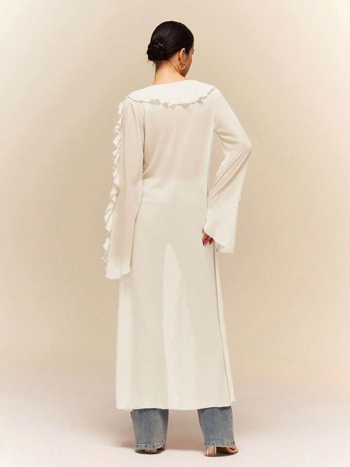 CM-TS176249 Women Casual Seoul Style Ruffle Tie Neck Extra Long Sleeve Sheer Long Shirt - Apricot