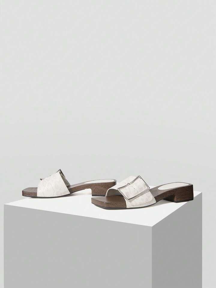CM-SHS493873 Women Trendy Seoul Style Wooden Slip-On With Large Buckle PU Wedge Sandals - White