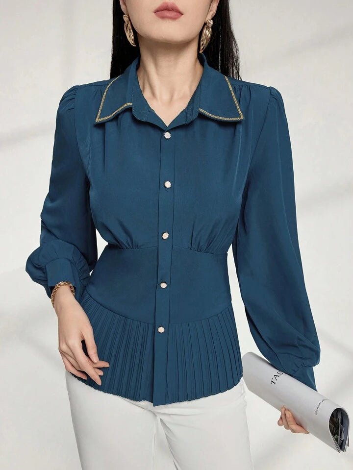 CM-TS121002 Women Casual Seoul Style Collar Neckline Long Sleeve Pleated Patchwork Shirt - Teal Blue