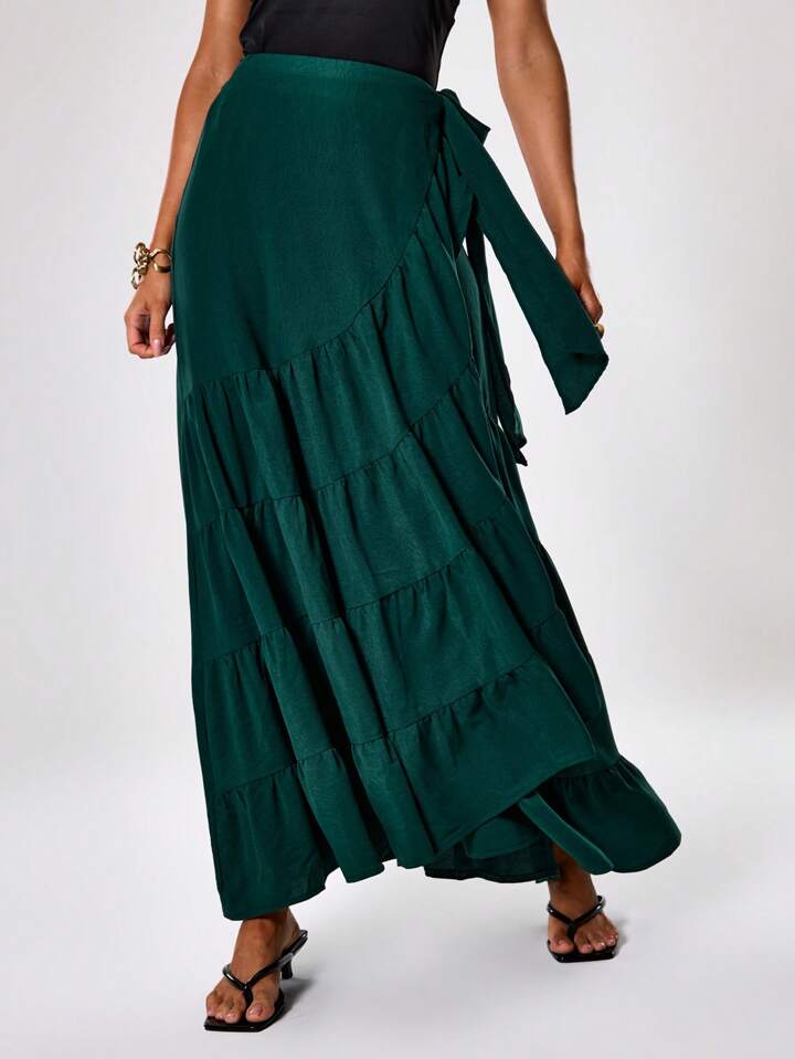 CM-BS301095 Women Trendy Bohemian Style Solid Drop Waist Ruffle Hem Maxi Skirt - Olive Green
