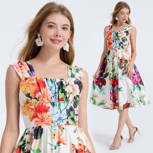 CM-DY053340 Women Elegant European Style High Waist Square Collar Sleeveless A-Line Midi Dress
