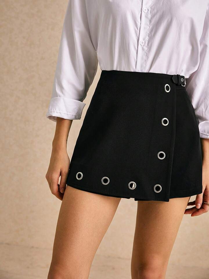 CM-BS055532 Women Casual Seoul Style High Waist Metal Ring Zipper Straight Skort - Black