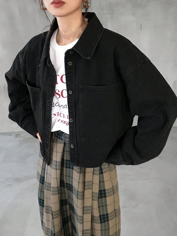 CM-CS301318 Women Casual Seoul Style Collar Neckline Button Front Long Sleeve Pocket Oversized Denim Jacket - Black