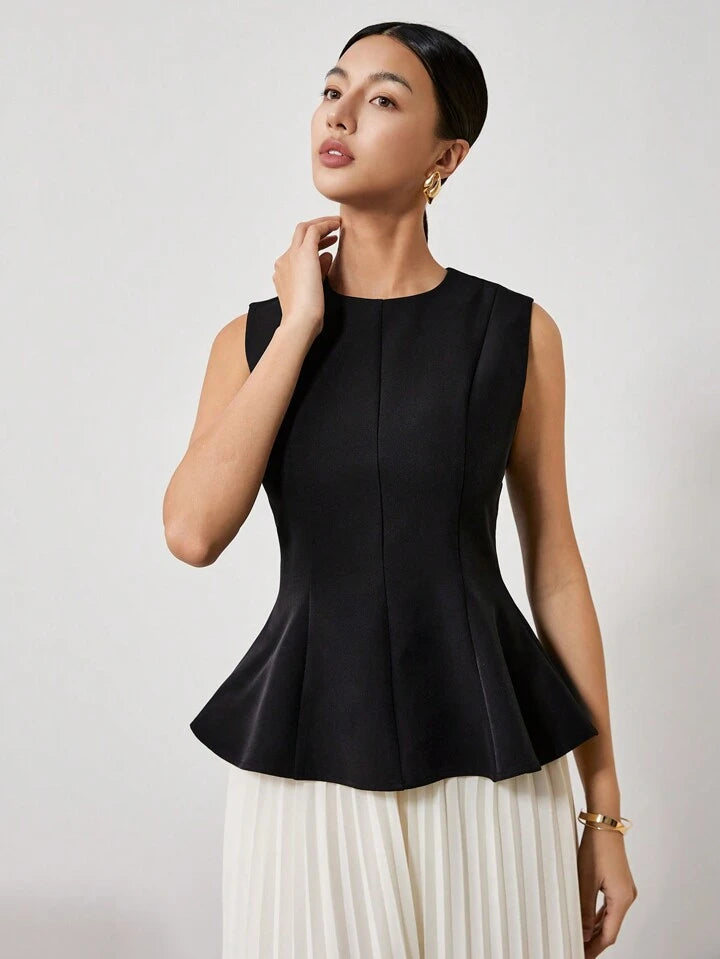 CM-TS131631 Women Elegant Seoul Style Solid Color Crew Neck Sleeveless Pleated Slim Fit T-Shirt - Black