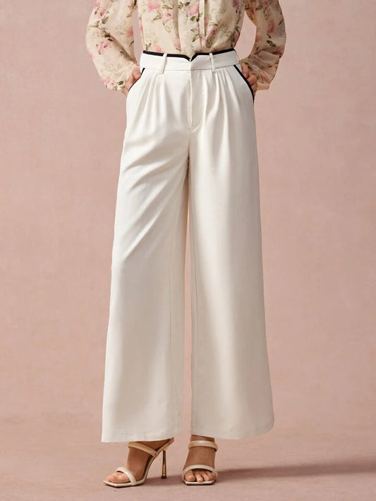 CM-BS976726 Women Casual Seoul Style Contrast Trim Slant Pocket Wide Leg Pants - Apricot