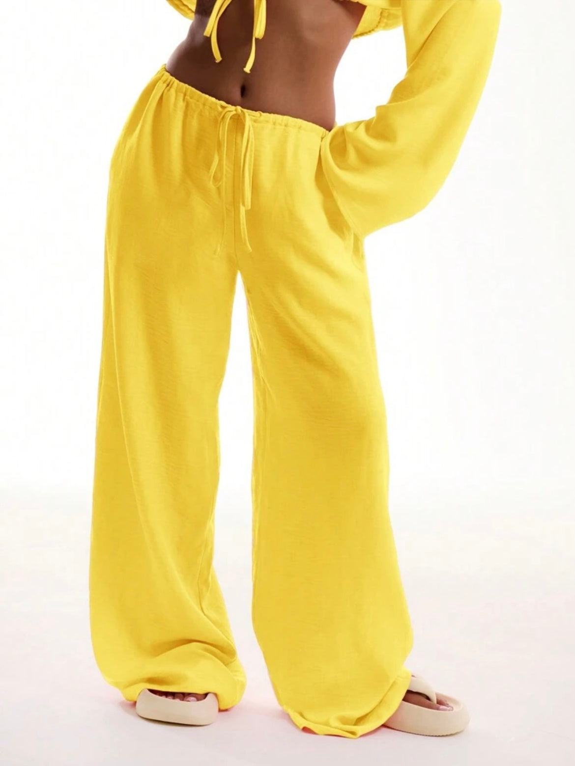 CM-BS670253 Women Trendy Bohemian Style Tie Front Linen Feel Beach Trouser - Yellow