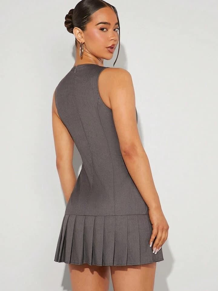 CM-DS971795 Women Elegant Seoul Style Double Breasted Sleeveless Pleated Hem Dress - Dark Gray