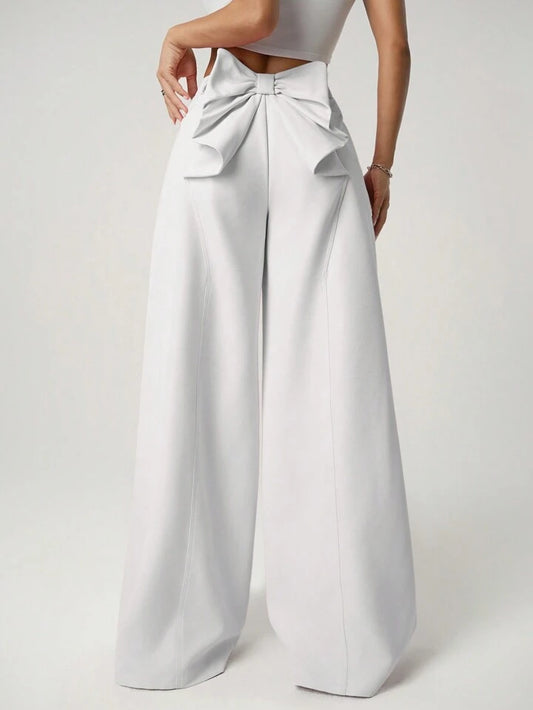 CM-BS797140 Women Casual Seoul Style Oversized Bow Back Design Loose Fit Extra Long Pants - White