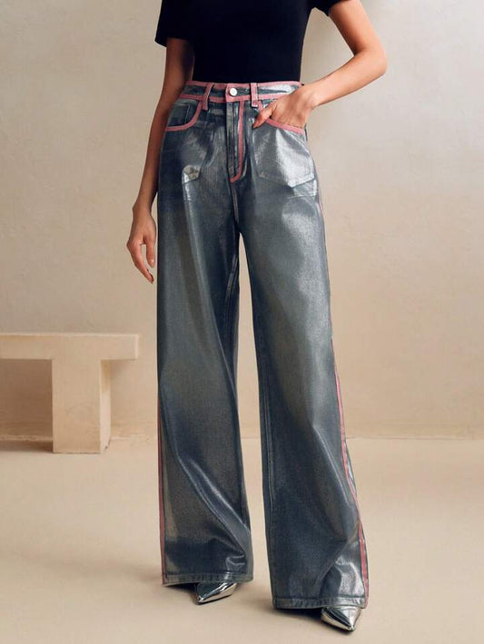 CM-BS238888 Women Elegant Seoul Style High Waist Silver Hot Stamping Flare Jeans - Blue