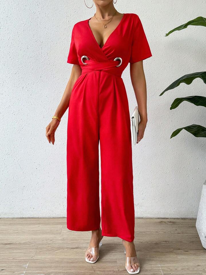 CM-JS686688 Women Elegant Seoul Style V-Neck Cross-Tied Short Sleeve Jumpsuit - Red