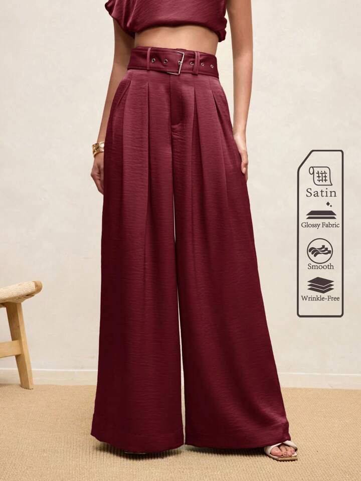 CM-BS089382 Women Casual Seoul Style High Waist Pleated Wide Leg Pants - Burgundy