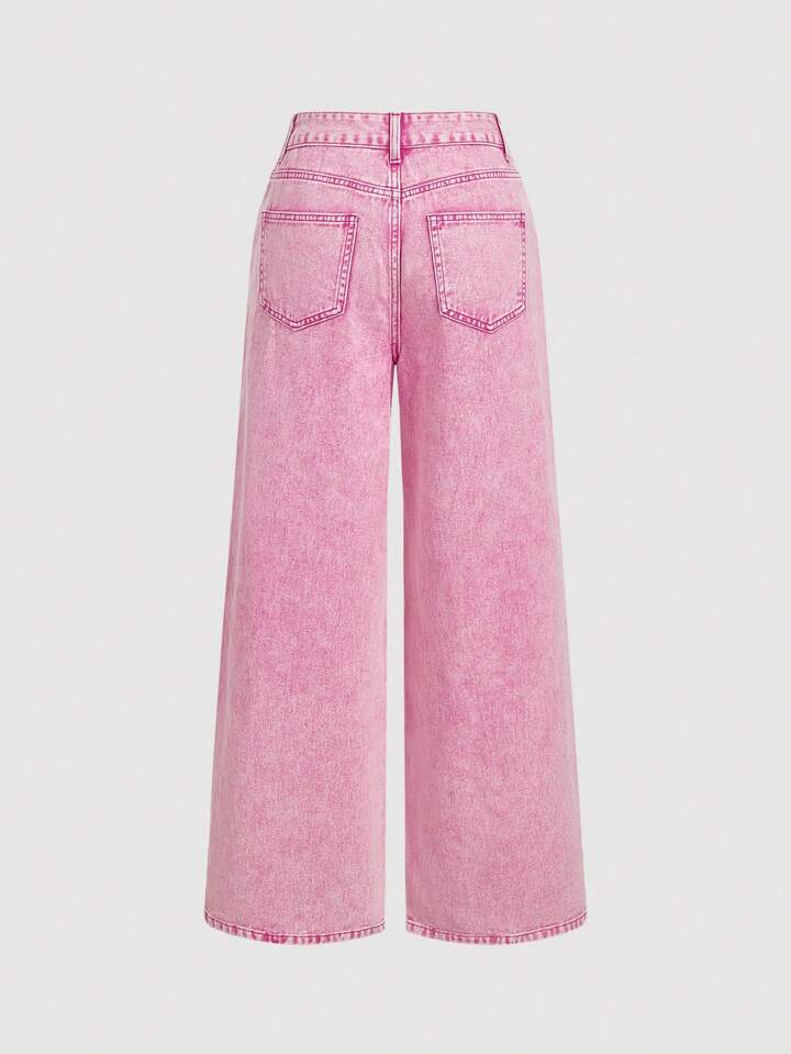 CM-BS416742 Women Casual Seoul Style Pearl Decor Pocket Wide Leg Loose Fit Jeans - Pink