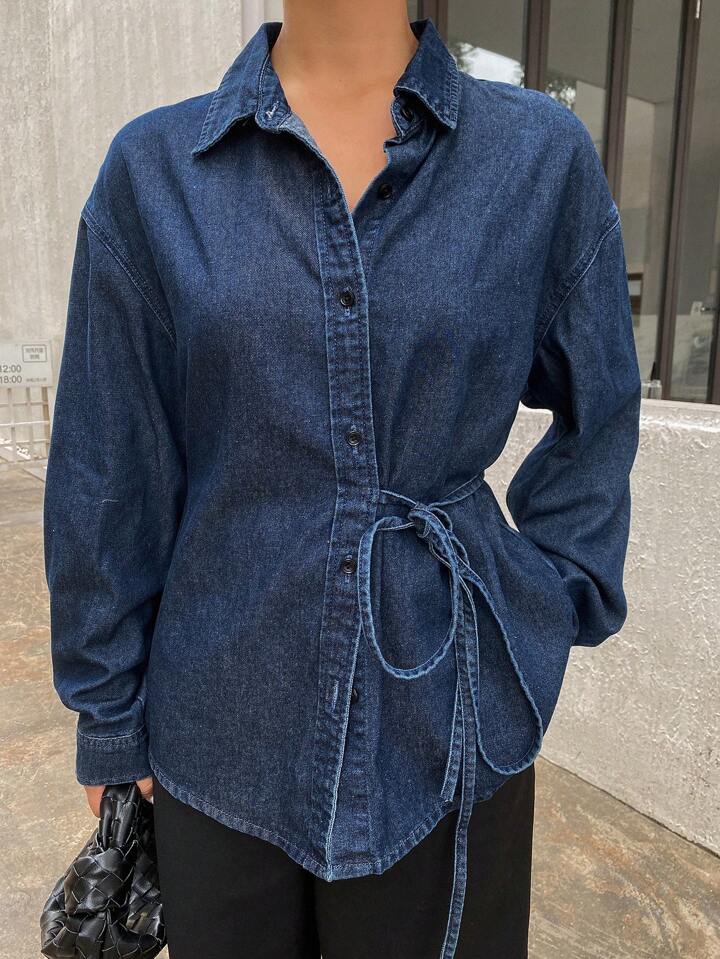 CM-TS761716 Women Casual Seoul Style Solid Color Tie Loose Lapel Long Sleeve Denim Jacket - Blue