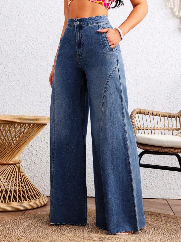 CM-BS585435 Women Casual Seoul Style Dark Wash Loose Button Zipper Mom Fit Wide Leg Denim Pants