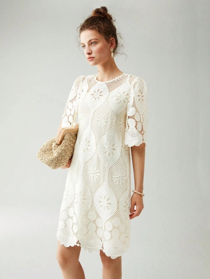 CM-DS811995 Women Elegant Seoul Style Round Neck Half Sleeve Lace Overlay Dress - Apricot