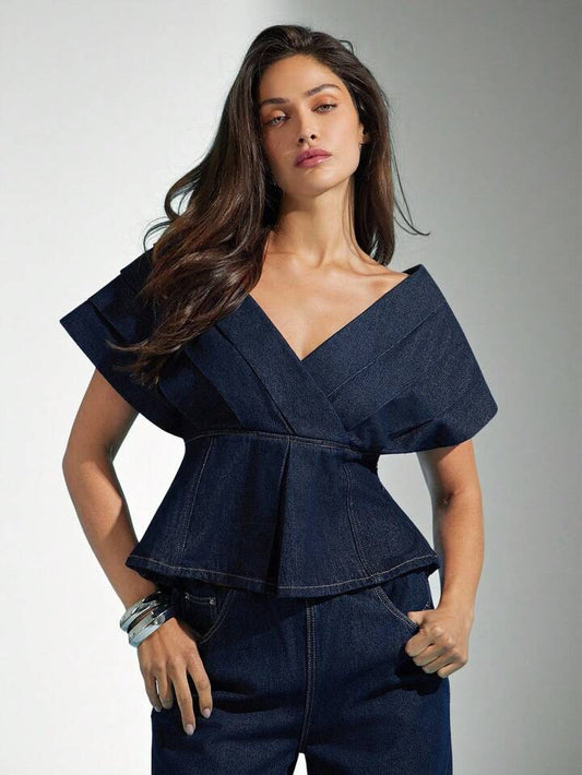 CM-TS395568 Women Elegant Seoul Style Dark Wash V-Neck Batwing Sleeve Pleated Off Shoulder Denim Top