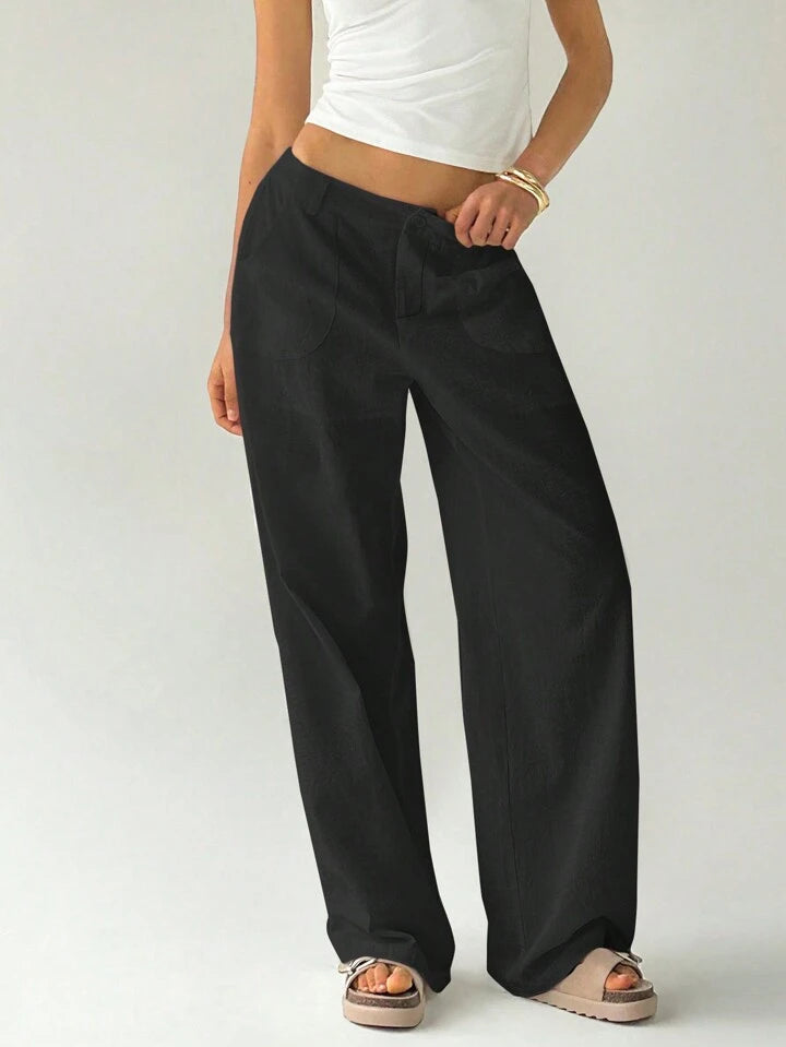 CM-BS700810 Women Casual Seoul Style Solid Color Low Waist Loose Straight Leg Pants - Black