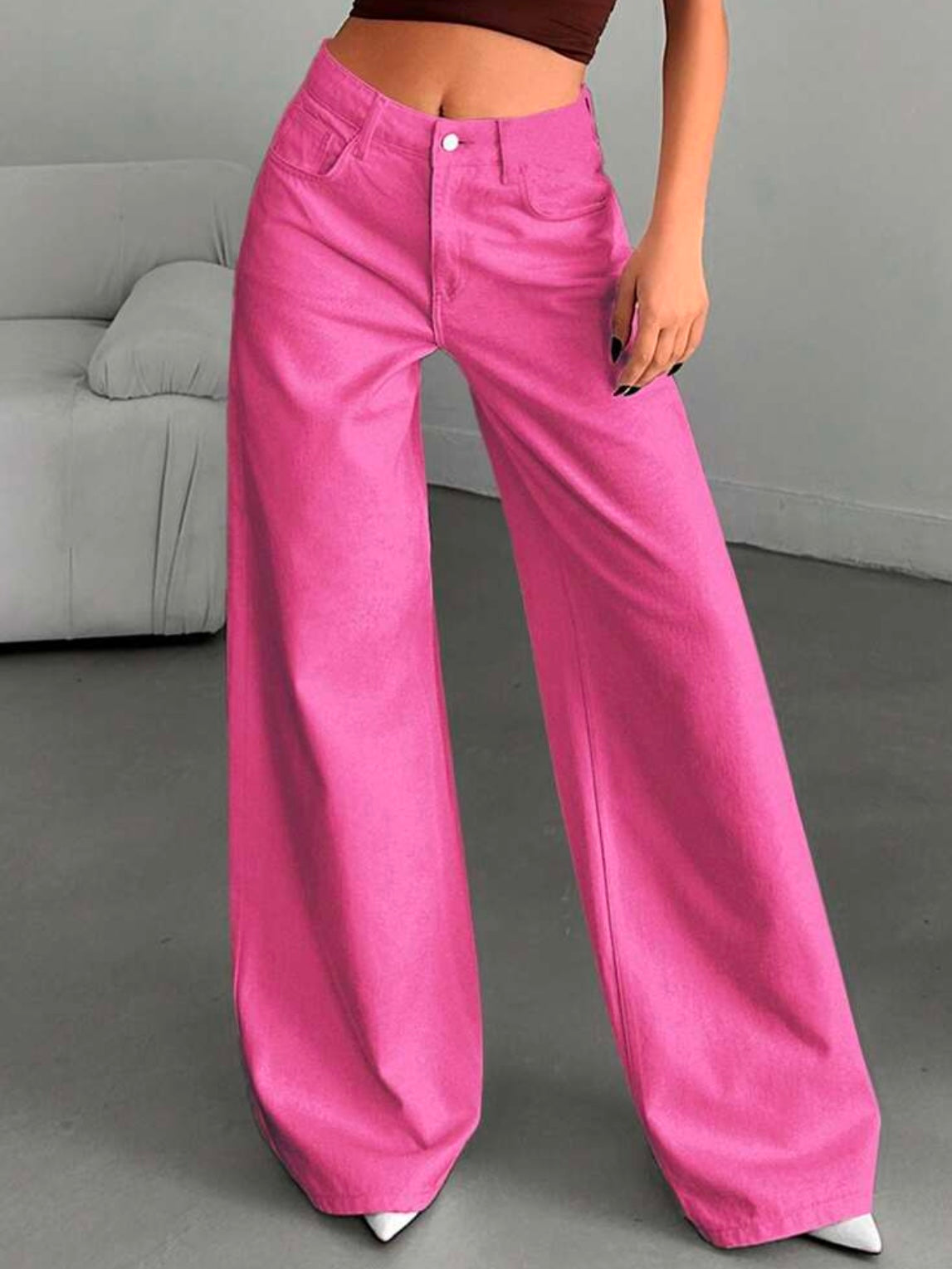 CM-BS201742 Women Casual Seoul Style High-Waisted Wide-Leg Denim Jeans - Dark Pink