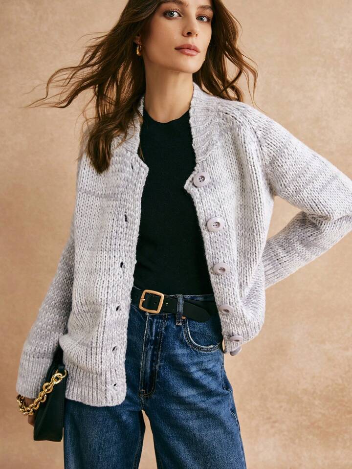 CM-CS989545 Women Casual Seoul Style Solid Color Raglan Sleeve Single-Breasted Cardigan - Gray