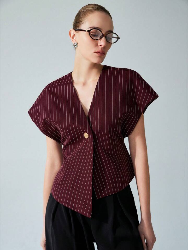 CM-TS166179 Women Casual Seoul Style V-Neck Open Front Asymmetrical Hemline Sleeveless Blouse