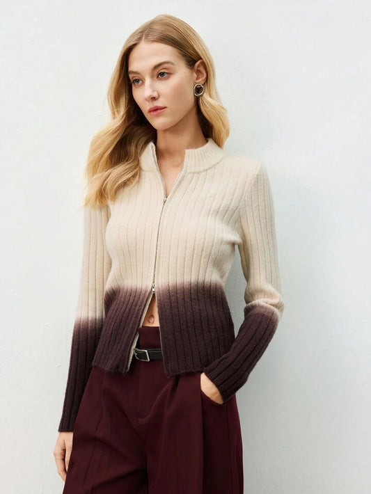 CM-CS338161 Women Casual Seoul Style Zipper Front Ribbed Stand Collar Ombre Knit Cardigan