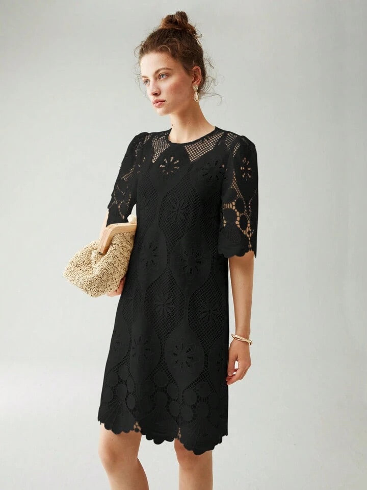 CM-DS636852 Women Elegant Seoul Style Round Neck Half Sleeve Lace Overlay Dress - Black