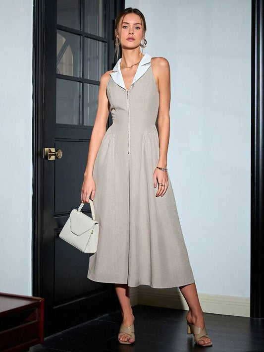 CM-DS641699 Women Elegant Seoul Style Contrast Lapel Collar Zipper Sleeveless Midi Dress - Apricot