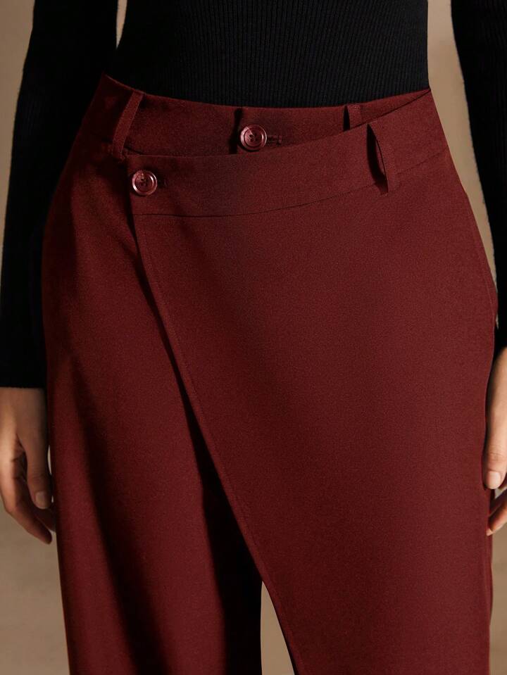 CM-BS439342 Women Elegant Seoul Style Asymmetrical Draping Cross-Wrap Pockets Straight-Leg Pants - Red