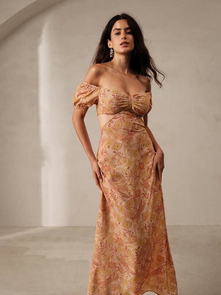 CM-DS104814 Women Trendy Bohemian Style Printed Puff Sleeve Pleated Hollow Out Dress - Ginger