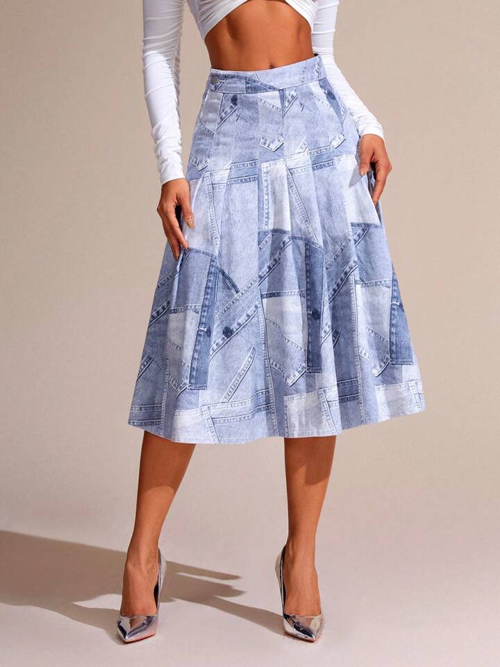 CM-BS406940 Women Casual Seoul Style Printed Patchwork Midi Denim Skirt With Slit