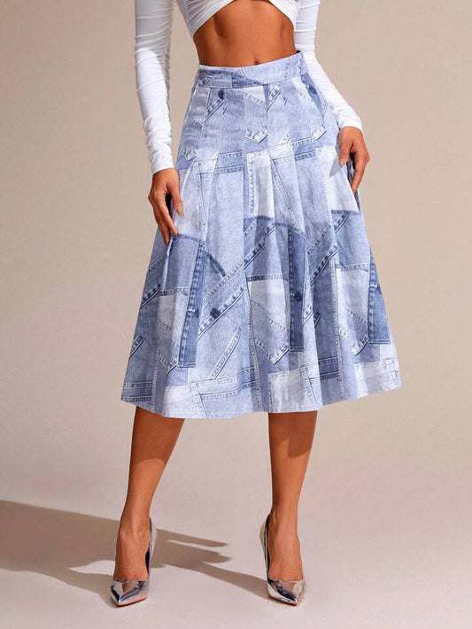 CM-BS406940 Women Casual Seoul Style Printed Patchwork Midi Denim Skirt With Slit