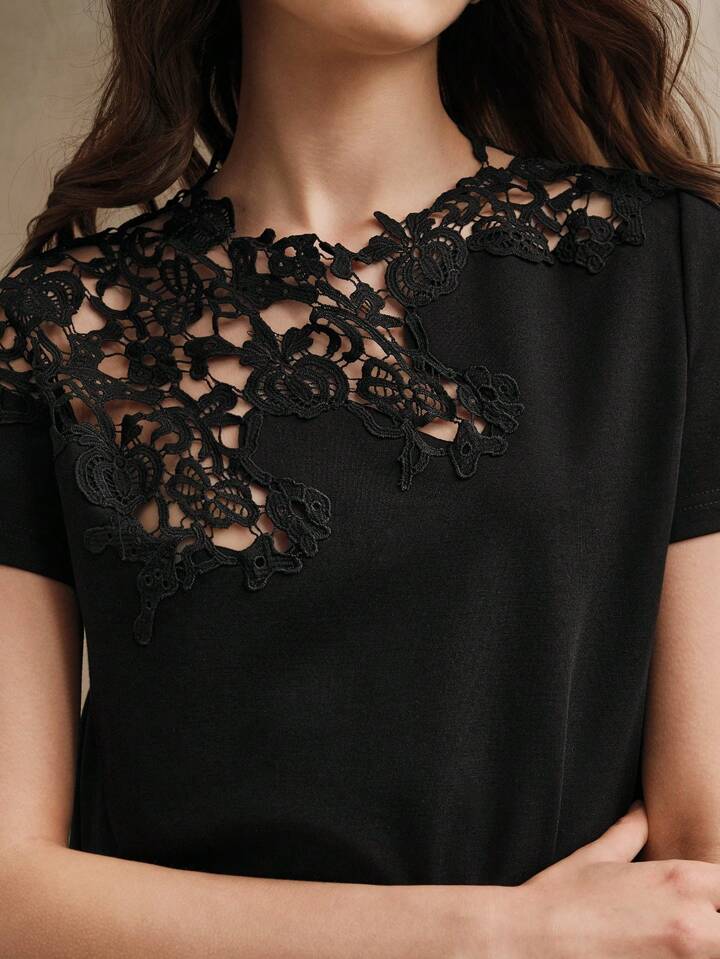 CM-TS707733 Women Casual Seoul Style Lace Crochet Patchwork Hollow Out Short Sleeve Blouse - Black