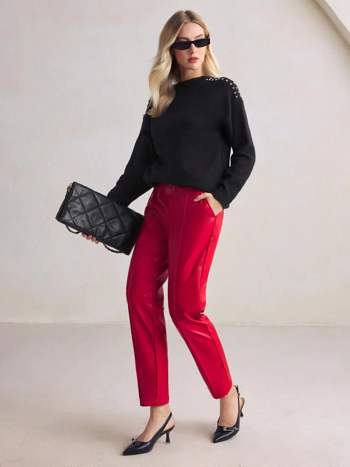 CM-BS973539 Women Elegant Seoul Style High Waist Leather Belted Pencil Pants - Red