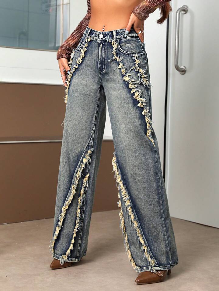 CM-BS180850 Women Casual Seoul Style Drop Waist Raw Trim Loose Wide Leg Jeans - Blue