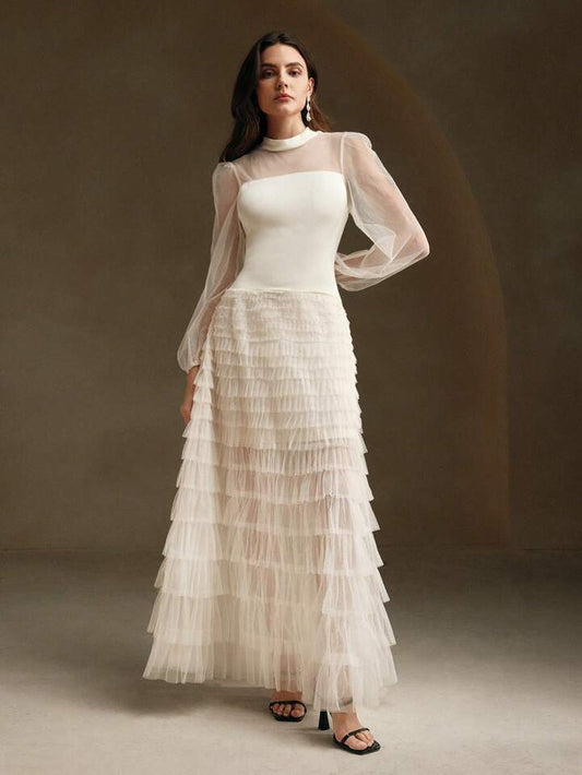 CM-DS765537 Women Elegant Seoul Style Stand Collar Long Sleeve Mesh Patchwork Layered Dress