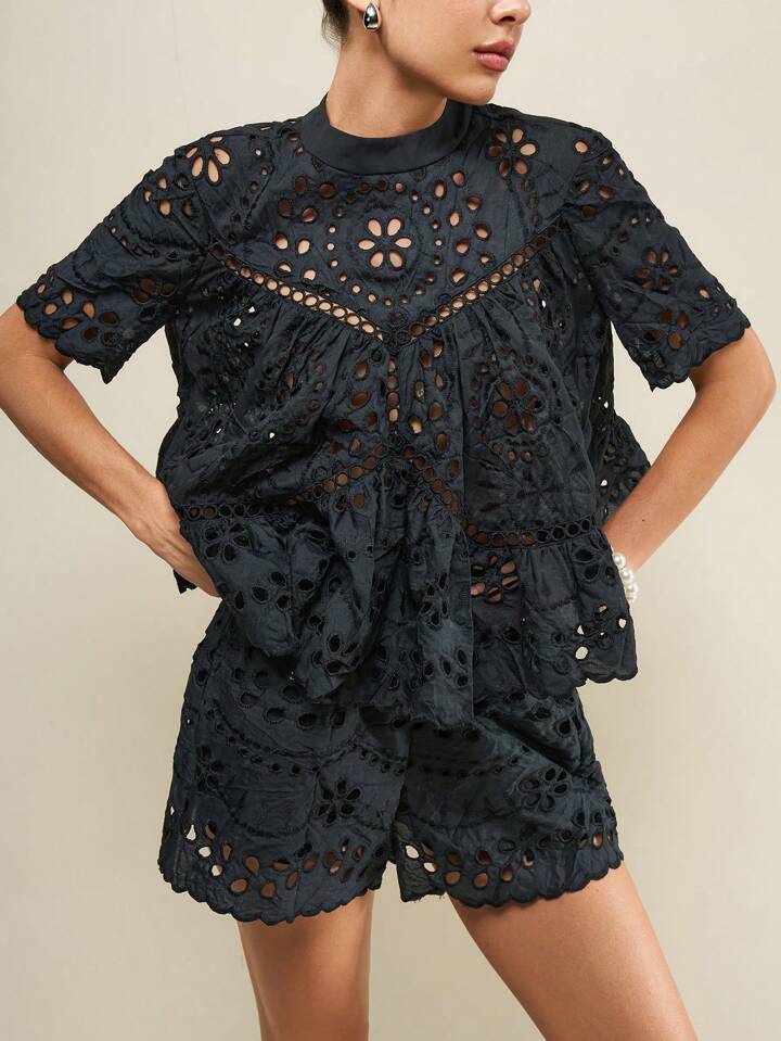 CM-SS113155 Women Casual Seoul Style Hollow Out Embroidered Loose Blouse With Wide Loose Shorts - Set